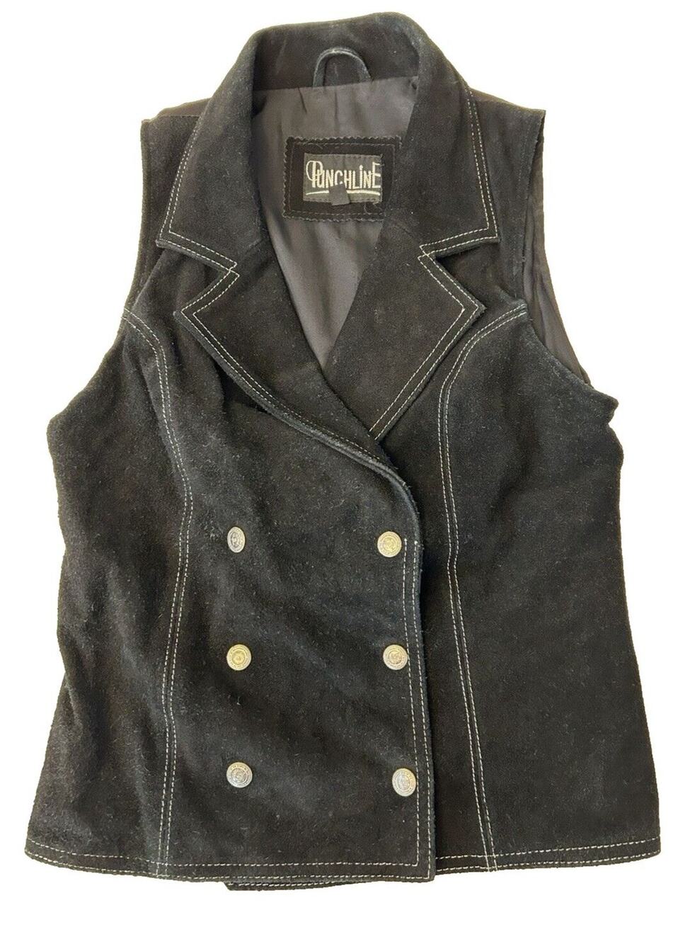 VTG Punchline Black 100% Leather Vest Sz Small Zip Front Biker Grunge Rock
